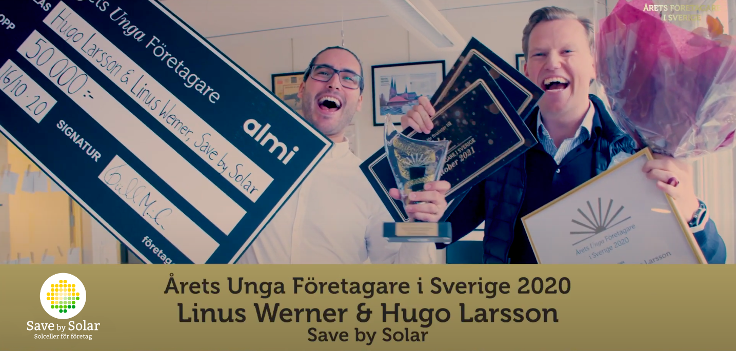 Grundarna av Save by Solar, Hugo Larsson och Linus Baihofer Werner, har blivit utsedda till Årets Unga Företagare i Sverige 2020